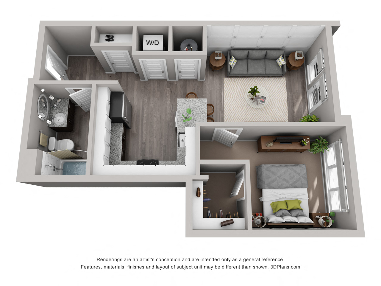 Floor plan for 1 bed, 1 bath, 637 sqft